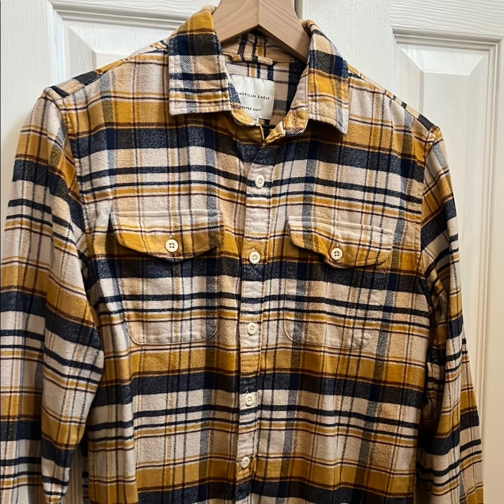 American Eagle Outfitters XS Men's Blue and Yellow Plaid Shirt